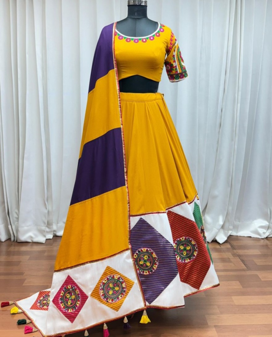 11042-yellow - Garba Elegance in Mustard Yellow Patchwork Splendor